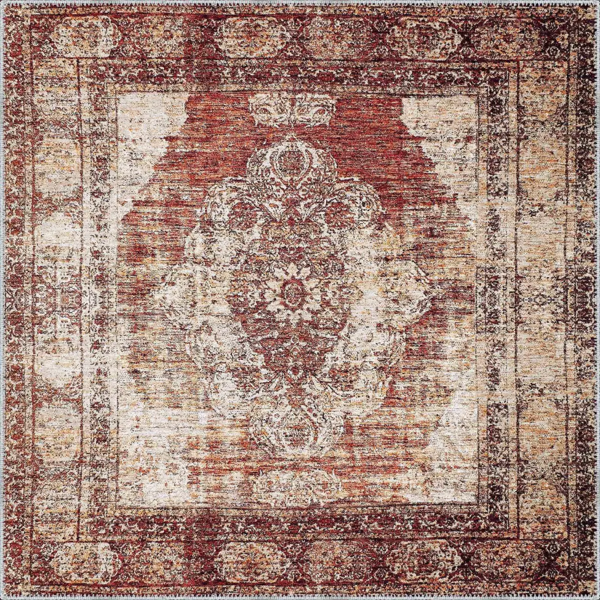 Loten Klasik Göbekli Kahverengi Polyester ve Pamuklu Kaydımaz Taban Yıkanabilir Dijital Baskı Halısı - Görsel 3