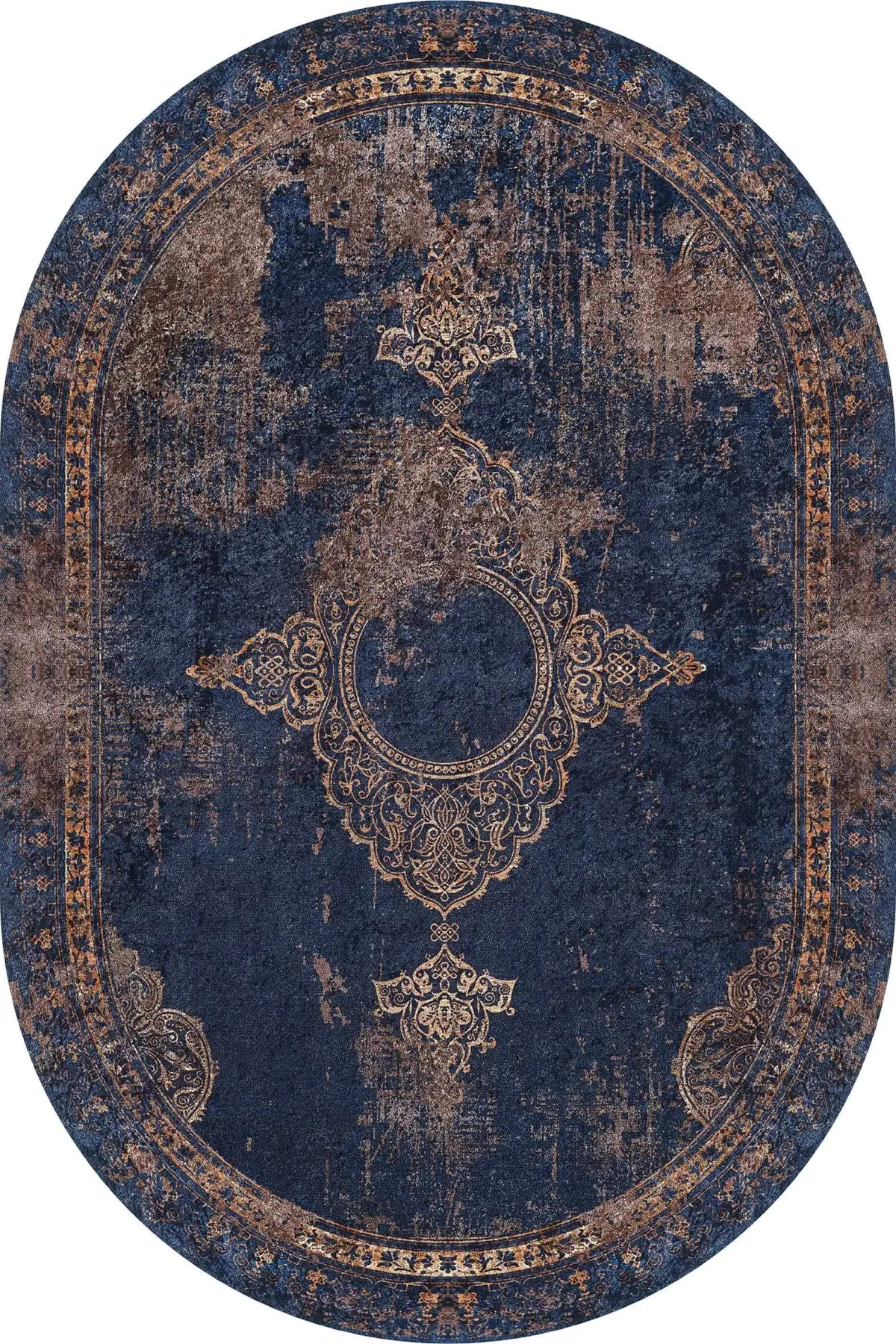 Borger Klasik Göbekli Lacivert Polyester ve Pamuklu Kaydırmaz Tabanlı Yıkanabilir Dijital Baskı Halısı - Görsel 6