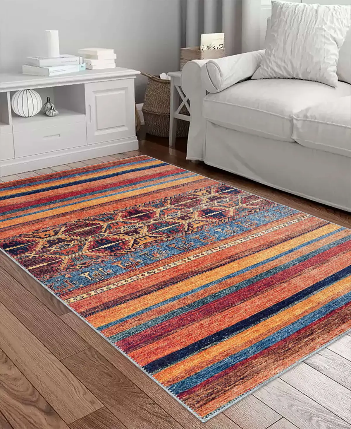 Salen Çizgili Multi Polyester ve Pamuklu Kaydırmaz Taban Yıkanabilir Dijital Baskı Halısı - Görsel 2