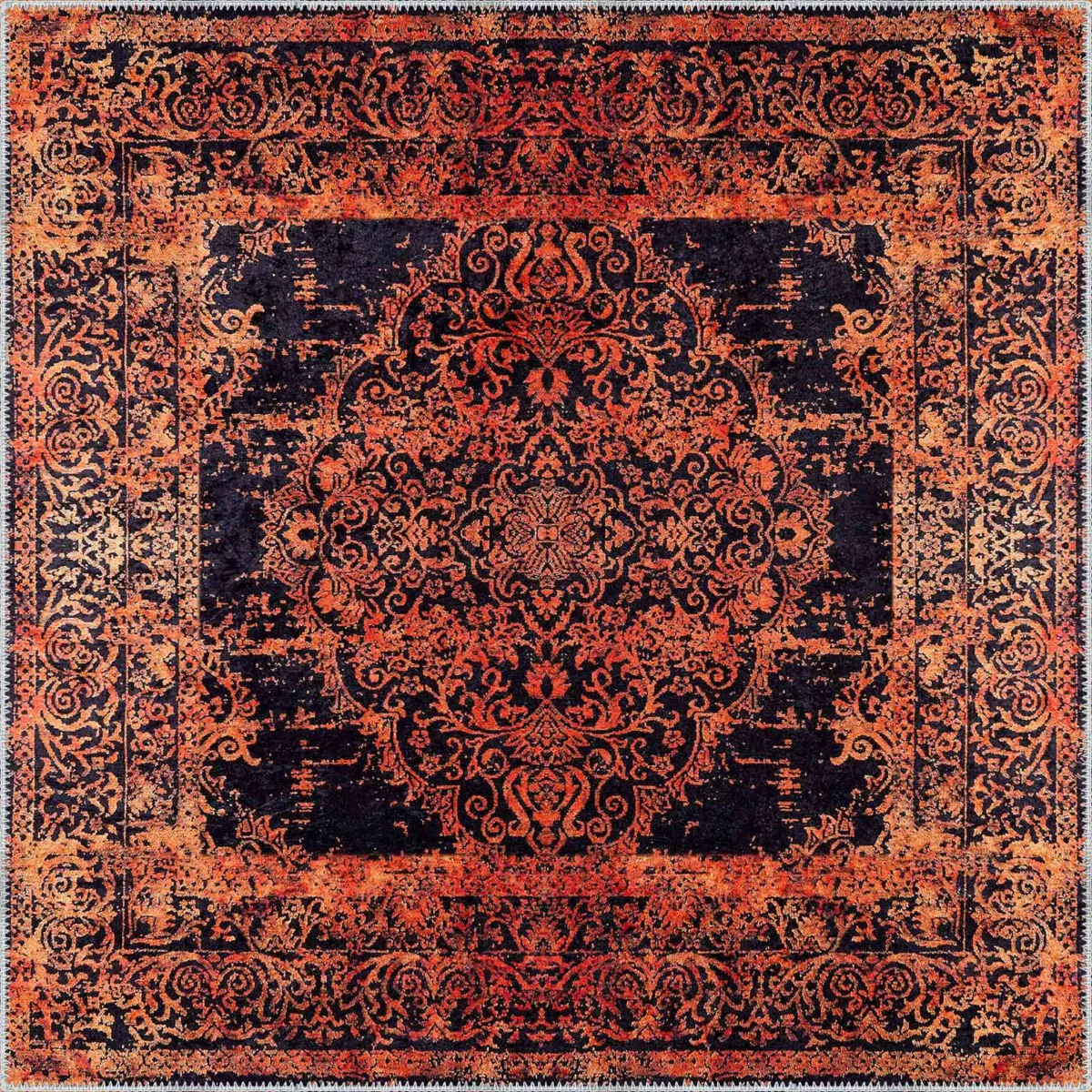 Horda Klasik Göbekli Turuncu Siyah  Polyester ve Pamuklu Kaydırmaz Tabanlı Yıkanabilir Dijital Baskı Halısı - Görsel 3