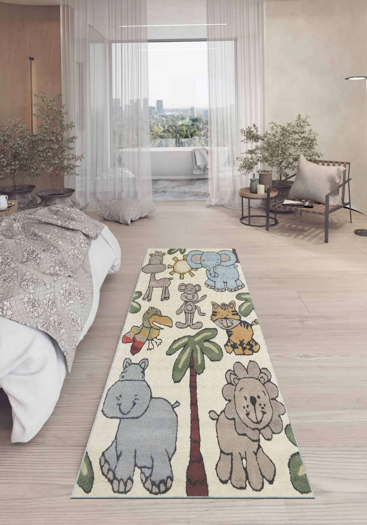 Sieyic Sevimli Dostlar Desenli Bej Polyester ve Pamuklu Kaydırmaz Tabanlı Yıkanabilir Dijital Baskı Çocuk Odası Halısı - Görsel 5