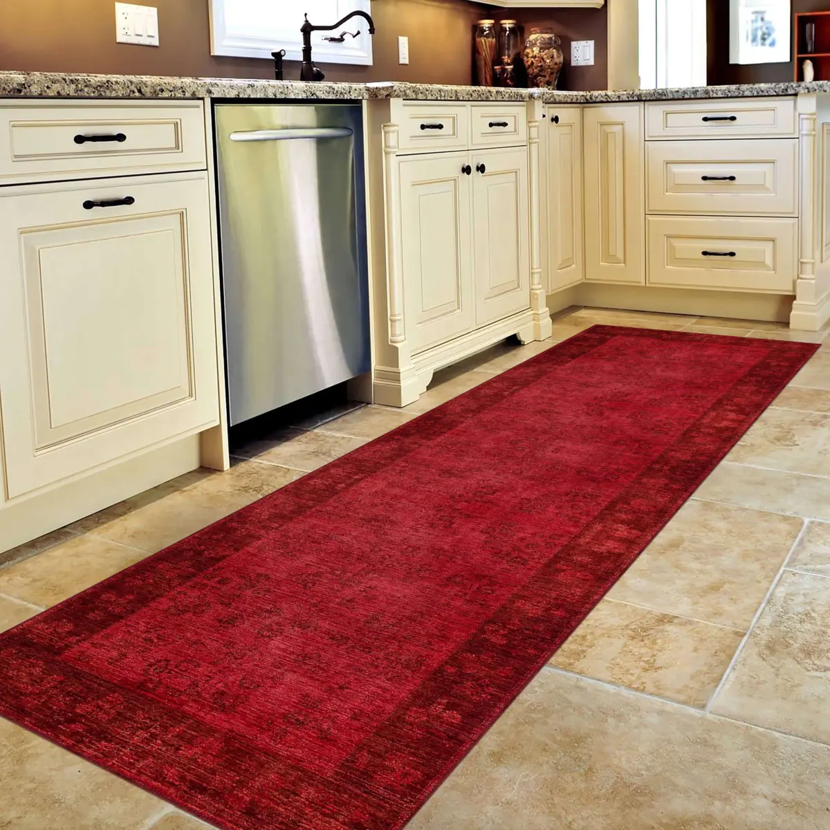 Sirohi Çerçeveli Kırmızı Polyester ve Pamuklu Kaydırmaz Tabanlı Yıkanabilir Dijital Baskı Halısı - Görsel 5