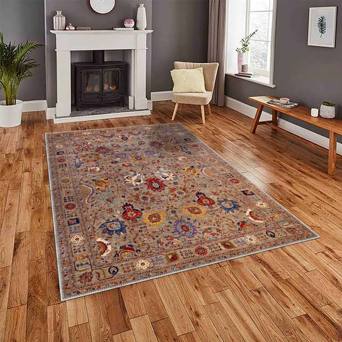 Doshi Klasik Göbeklli Multi Polyester ve Pamuklu Kaydırmaz Tabanlı Yıkanabilir Dijital Baskı Halısı - Görsel 2