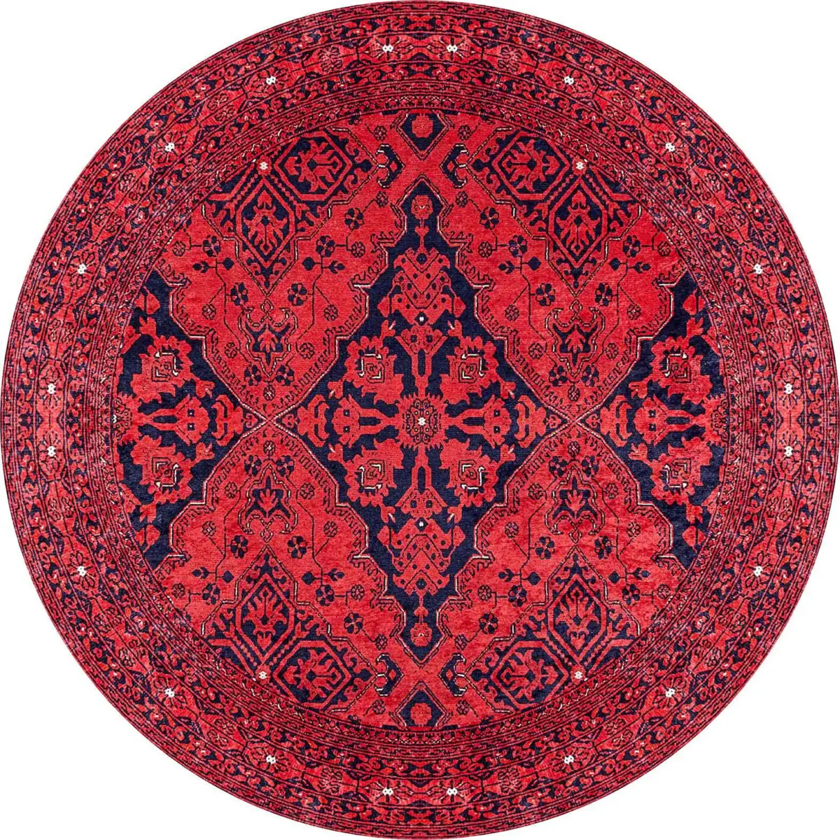 Harlov Klasik Göbekli Kırmızı Polyester ve Pamuklu Kaydırmaz Taban Yıkanabilir Dijital Baskı Halısı - Görsel 7