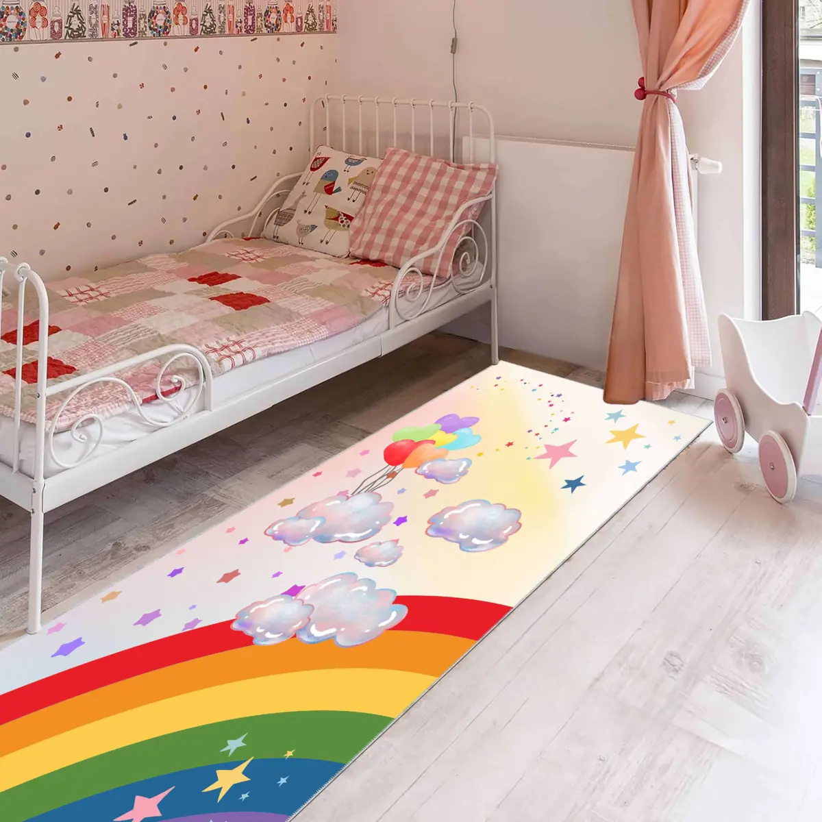 Bocas Gökkuşağı Desenli Renkli Polyester  ve Pamuklu Kaydırmaz Tabanlı Yıkanabilir Dijital Baskı Çocuk Odası Halısı - Görsel 5