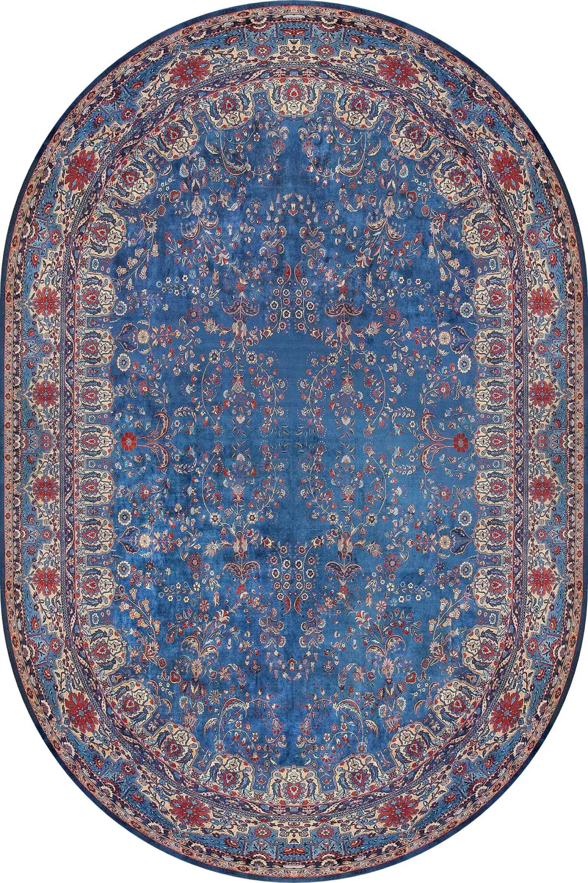 Beilen Çerçeveli Mavi Polyester ve Pamuklu Kaydırmaz Tabanlı Yıkanabilir Dijital Baskı Halısı - Görsel 6