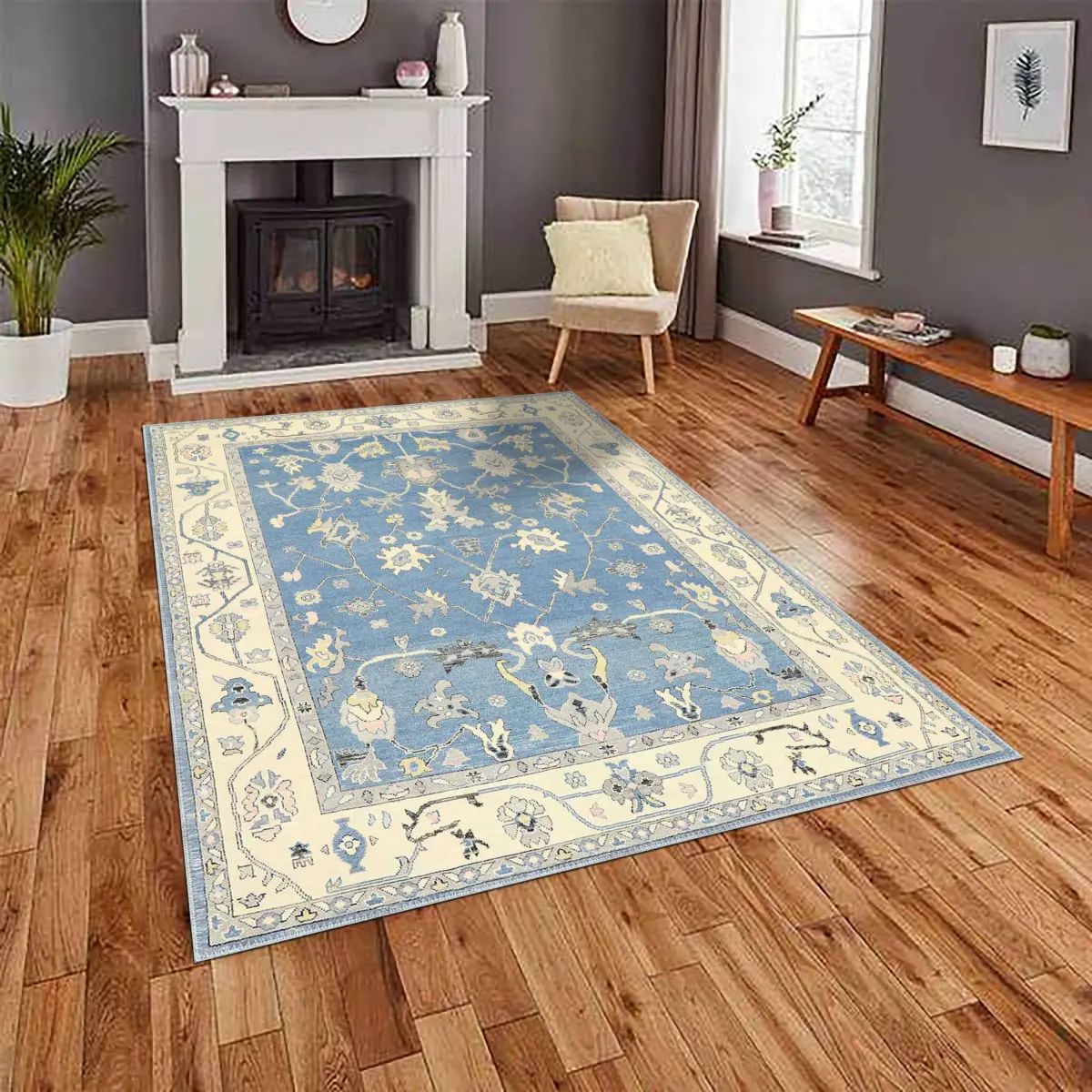 Geiten Çerçeveli Mavi Polyester ve Pamuklu Kaydırmaz Tabanlı Yıkanabilir Dijital Baskı Halısı - Görsel 2