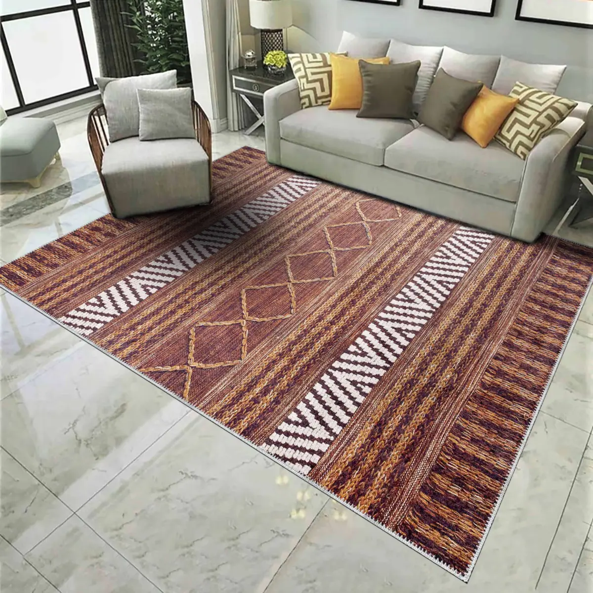 Gojra Geometrik Kahverengi Polyester ve Pamuklu Kaydırmaz Tabanlı Yıkanabilir Dijital Baskı Halısı - Görsel 2