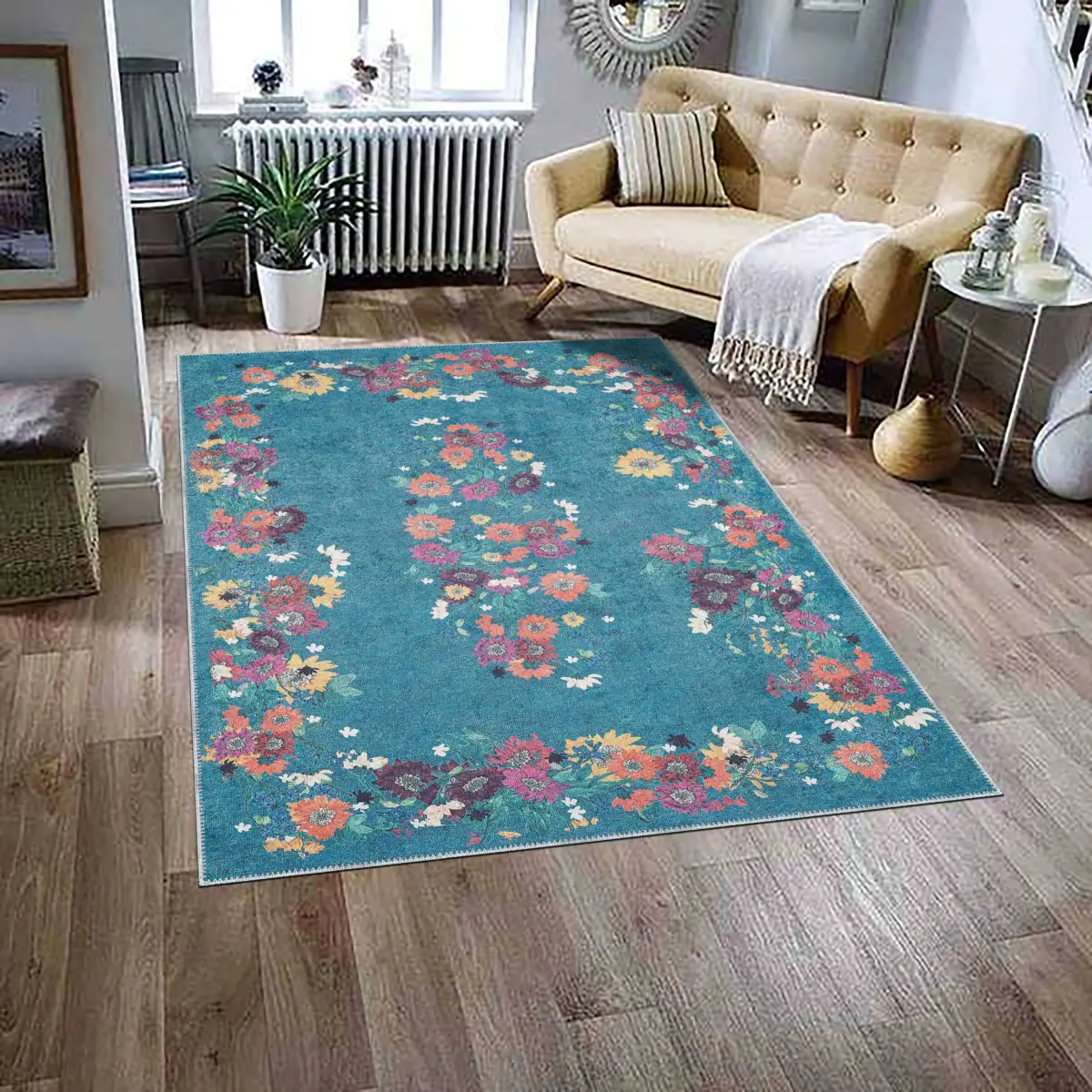 Pesse Modern Mavi Polyester ve Pamuklu Kaydırmaz Tabanlı Yıkanabilir Dijital Baskı Halısı - Görsel 2