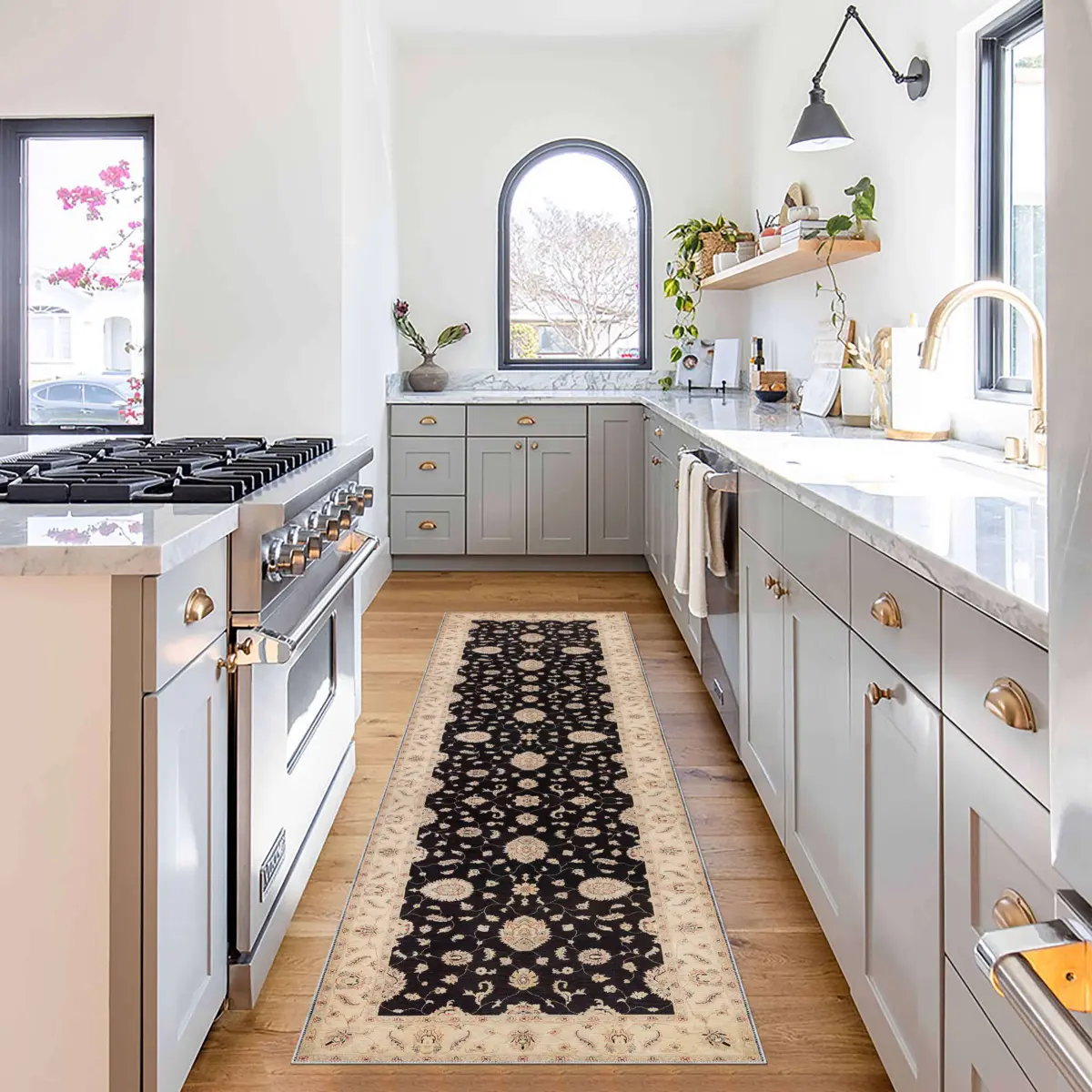 Turbat Klasik Göbekli Bej Siyah Polyester ve Pamuklu Kaydırmaz Tabanlı Yıkanabilir Dijital Baskı Halısı - Görsel 5