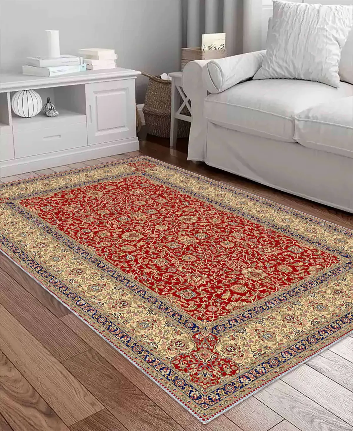 Linyi Çerçeveli Kırmızı Polyester ve Pamuklu Kaydırmaz Tabanlı Yıkanabilir Dijital Baskı Halısı - Görsel 2