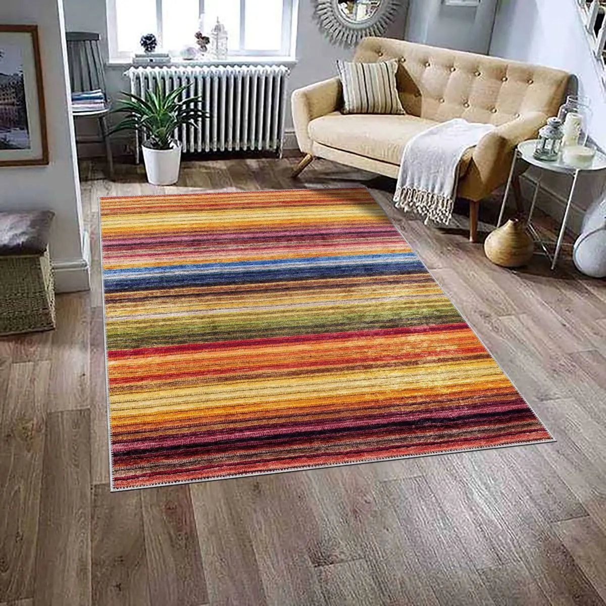 Aklera Çizgili Multi Polyester ve Pamuklu Kaydırmaz Tabanlı Yıkanabilir Dijital Baskı Halısı - Görsel 2