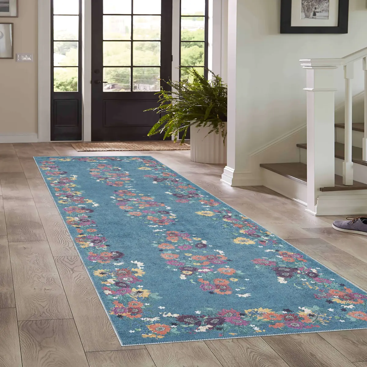 Pesse Modern Mavi Polyester ve Pamuklu Kaydırmaz Tabanlı Yıkanabilir Dijital Baskı Halısı - Görsel 5