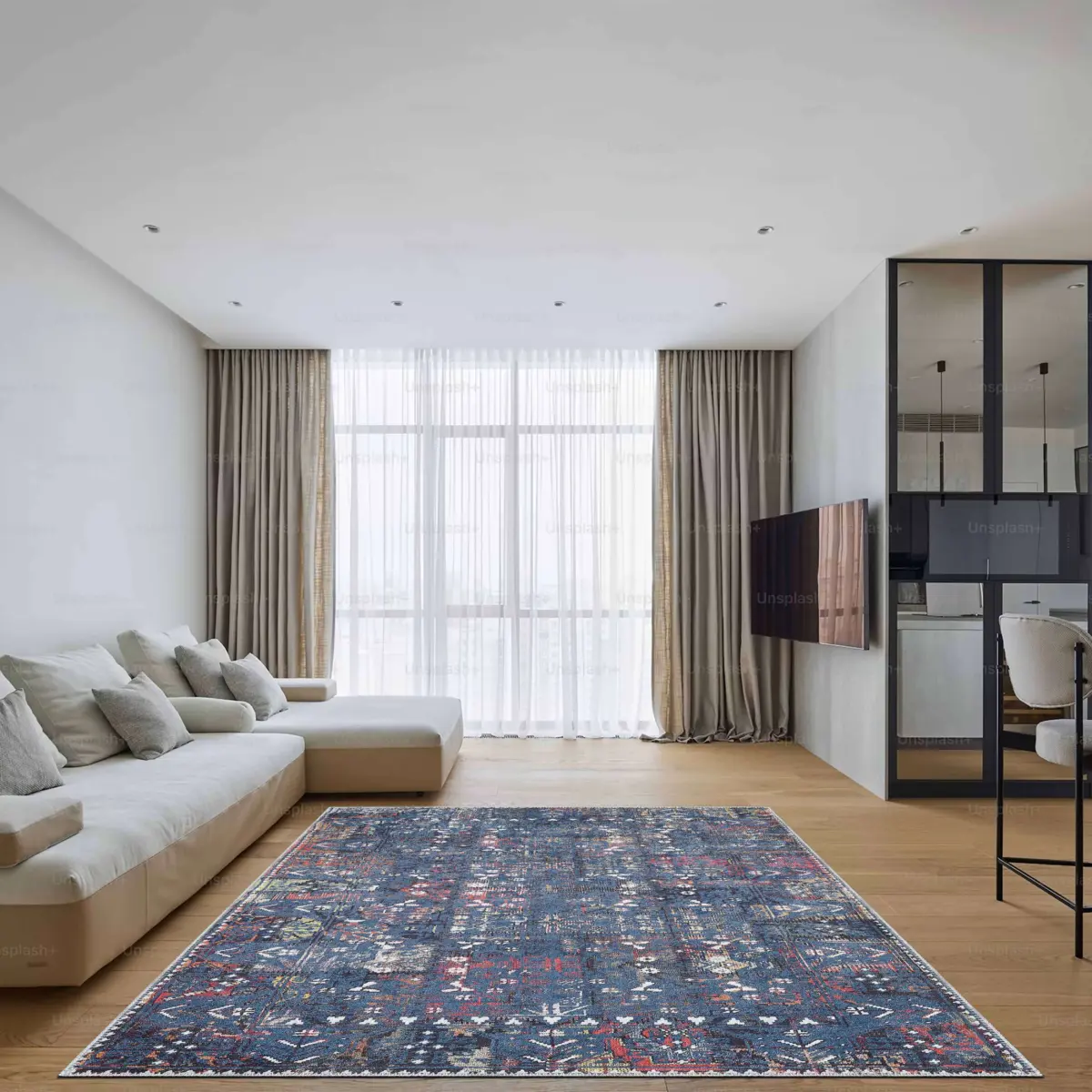 Drev Modern Mavi Polyester ve Pamuklu Kaydırmaz Tabanlı Yıkanabilir Dijital Baskı Halısı - Görsel 2