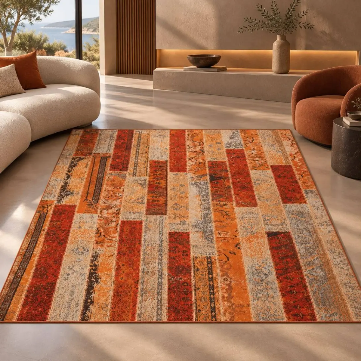 Rena Modern Turuncu Polyester ve Pamuklu Kaydırmaz Taban Yıkanabilir Dijital Baskı Halısı - Görsel 4