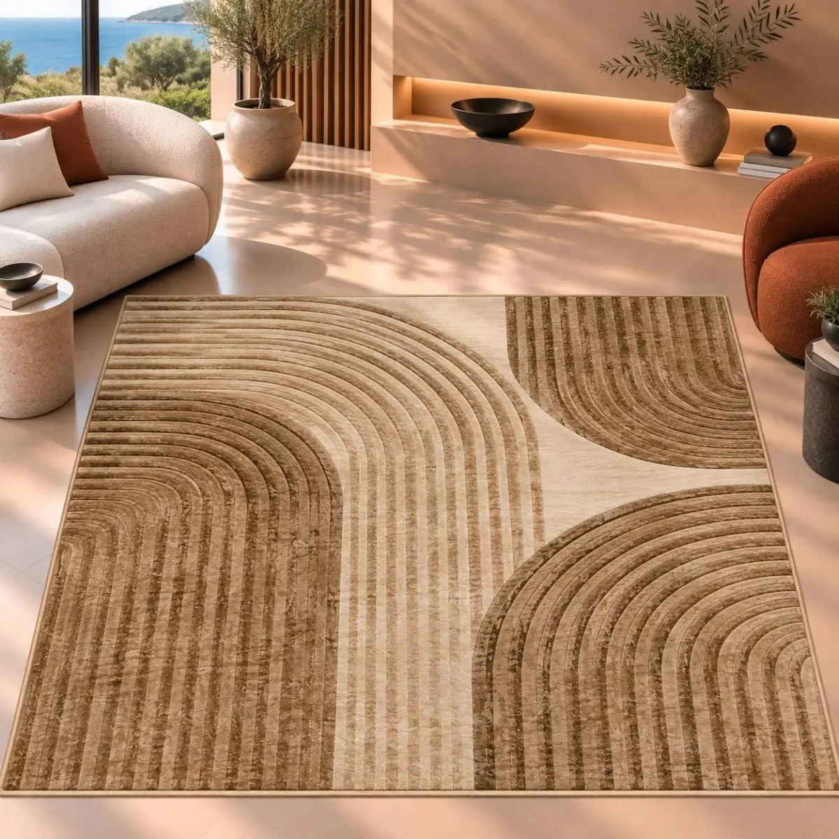 Suay Krem Bej Modern Polyester ve Pamuklu Kaydırmaz Taban Yıkanabilir Dijital Baskı Halısı - Görsel 4