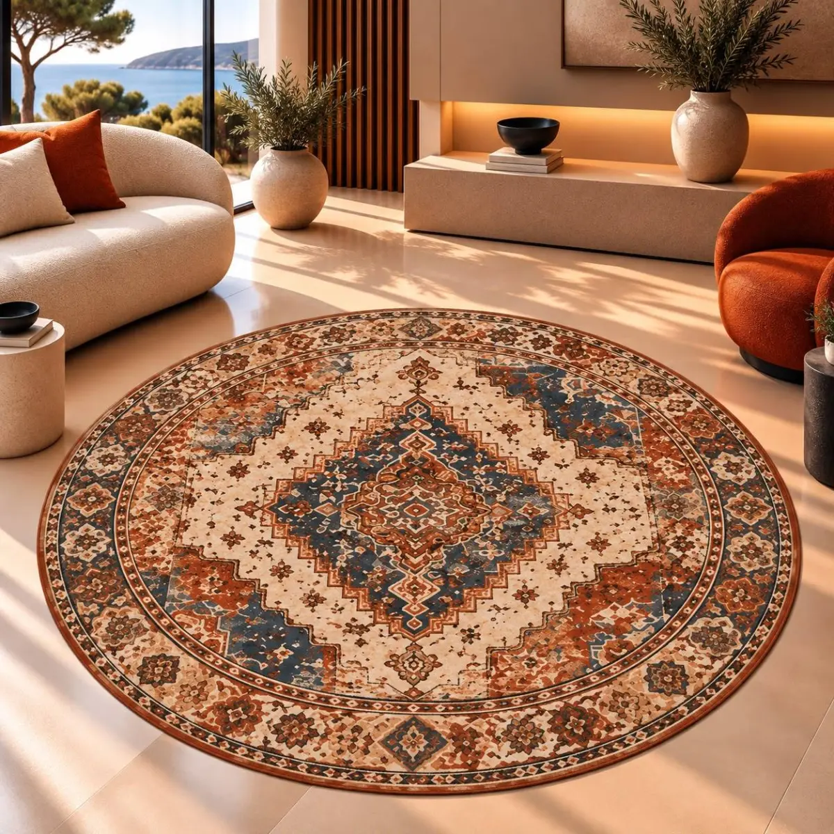 Gien Klasik Göbekli Multi Polyester ve Pamuklu Kaydırmaz Taban Yıkanabilir Dijital Baskı Halısı - Görsel 6