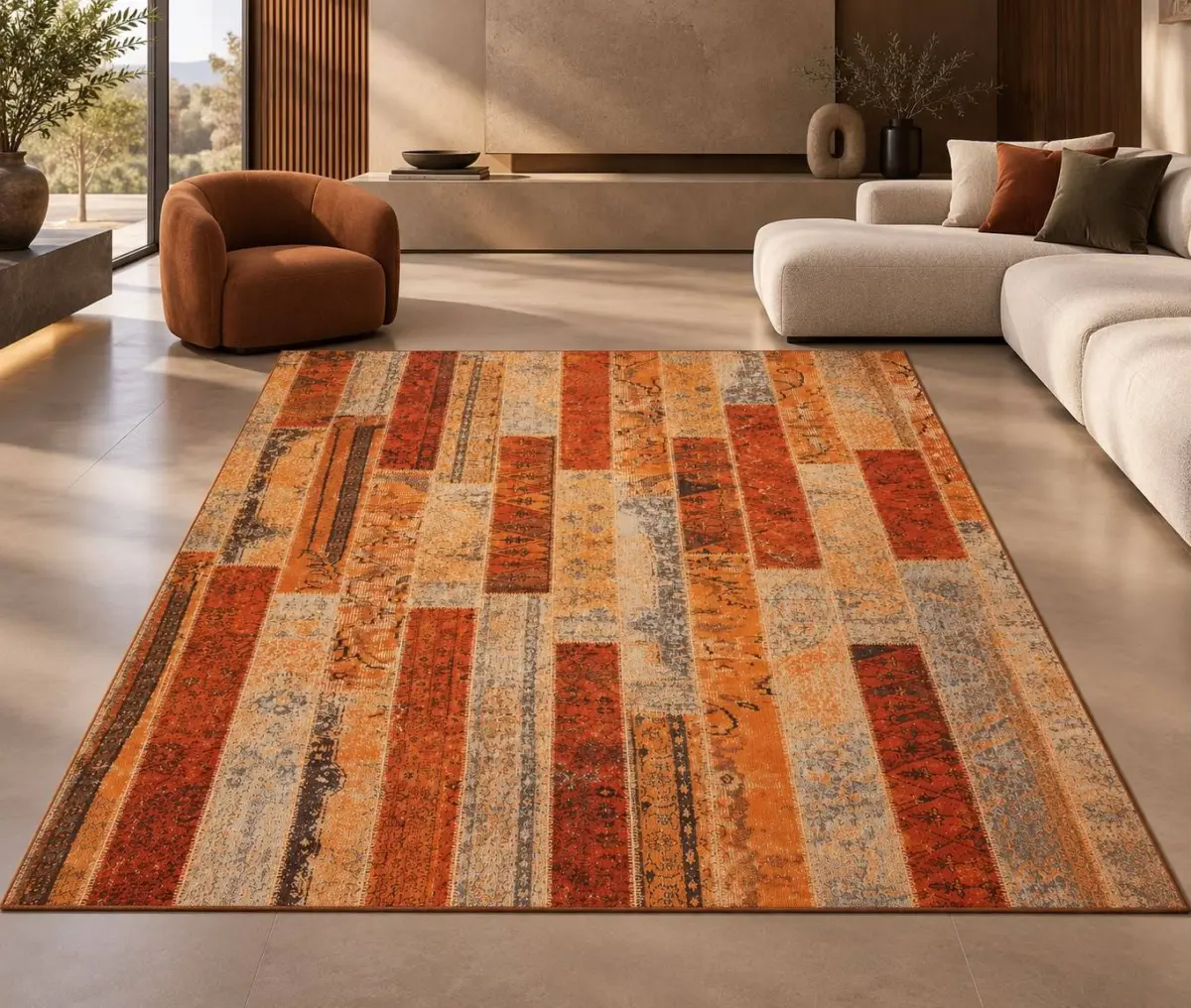 Rena Modern Turuncu Polyester ve Pamuklu Kaydırmaz Taban Yıkanabilir Dijital Baskı Halısı - Görsel 2