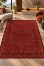 Arga Klasik Çerçeveli Kırmızı Polyester ve Pamuklu Kaydırmaz Taban Yıkanabilir Dijital Baskı Halısı - Görsel 2