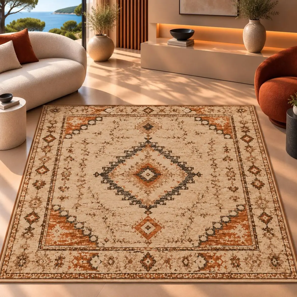 Garen Klasik Göbekli Multi Polyester ve Pamuklu Kaydırmaz Taban Yıkanabilir Dijital Baskı Halısı - Görsel 4