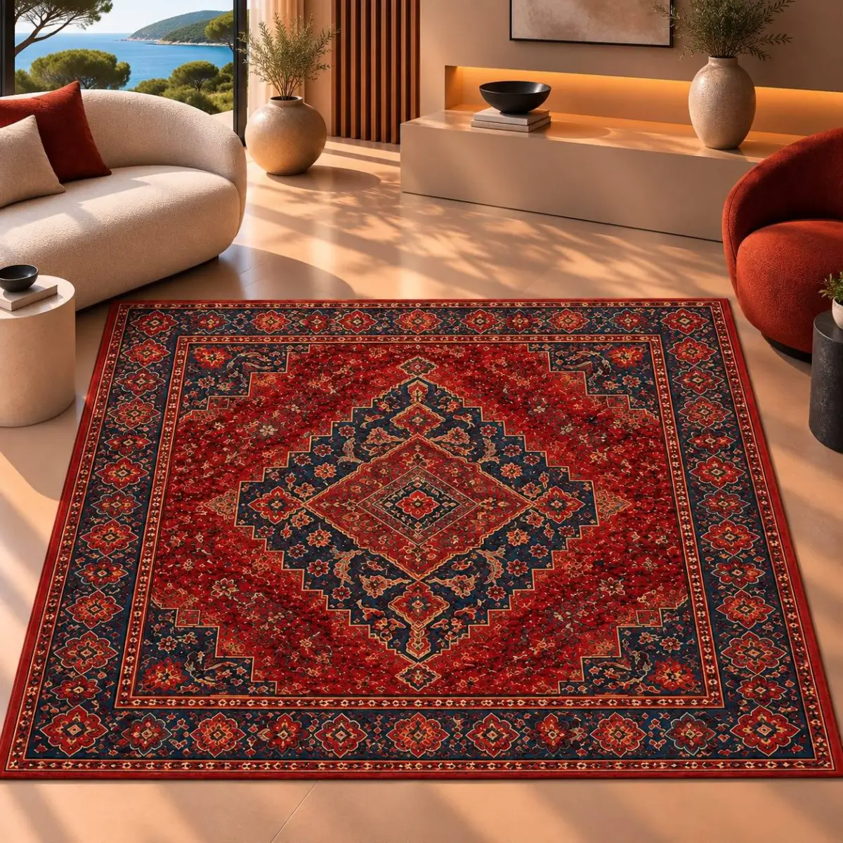 Ayga Klasik Göbekli Multi Polyester ve Pamuklu Kaydırmaz Taban Yıkanabilir Dijital Baskı Halısı - Görsel 4